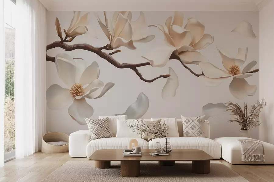 Fototapet En trädgren med skira magnoliablommor och fallande kronblad w08706