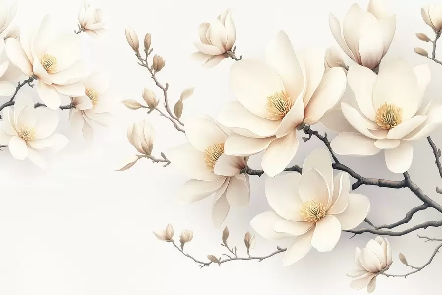 Fototapet Vackert blommande gräddfärgade magnoliablommor på en vit bakgrund w08721