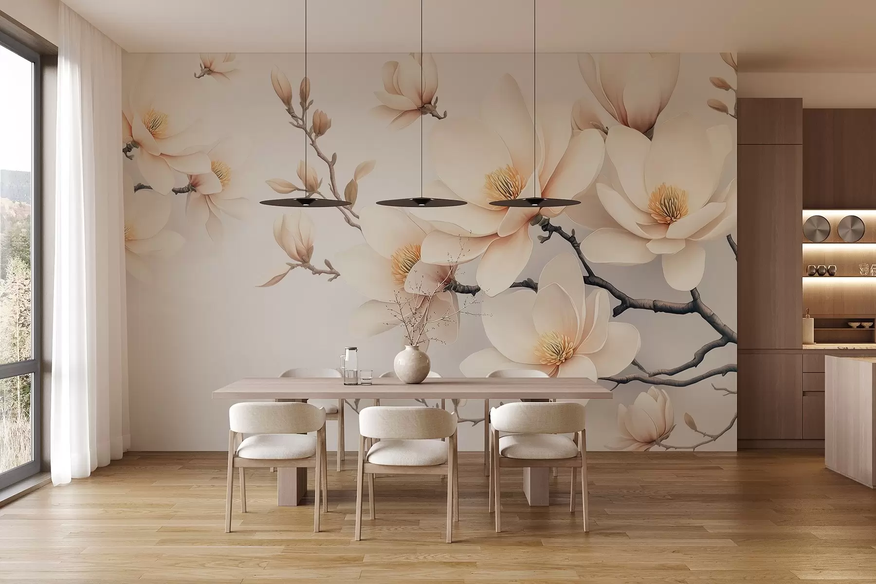 Fototapet Vackert blommande gräddfärgade magnoliablommor på en vit bakgrund w08721