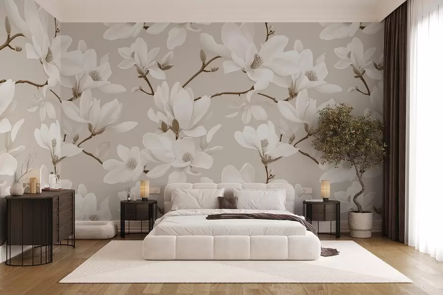 Fototapet Mönster av vita magnoliablommor, i beige nyanser, vita blad och grenar w08726v1