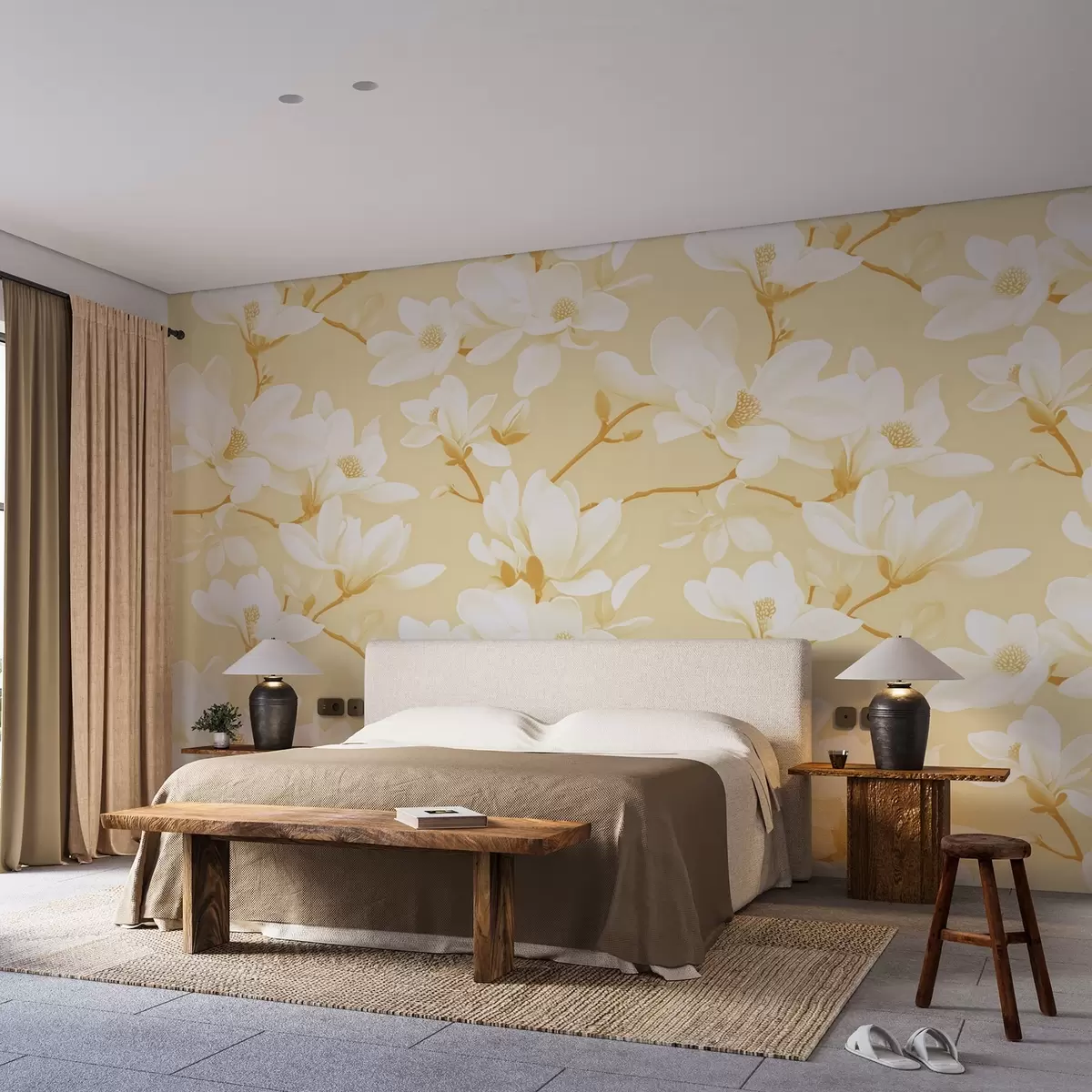 Fototapet Mönster av vita magnoliablommor, i gula nyanser, vita blad och grenar w08726v3