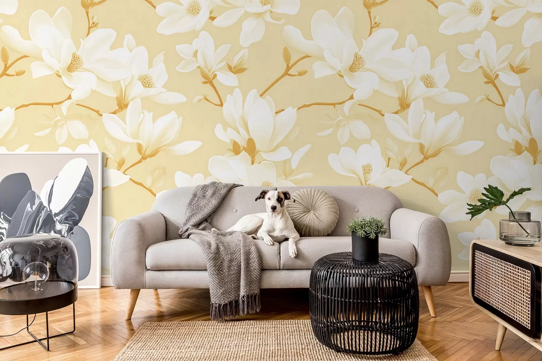 Fototapet Mönster av vita magnoliablommor, i gula nyanser, vita blad och grenar w08726v3