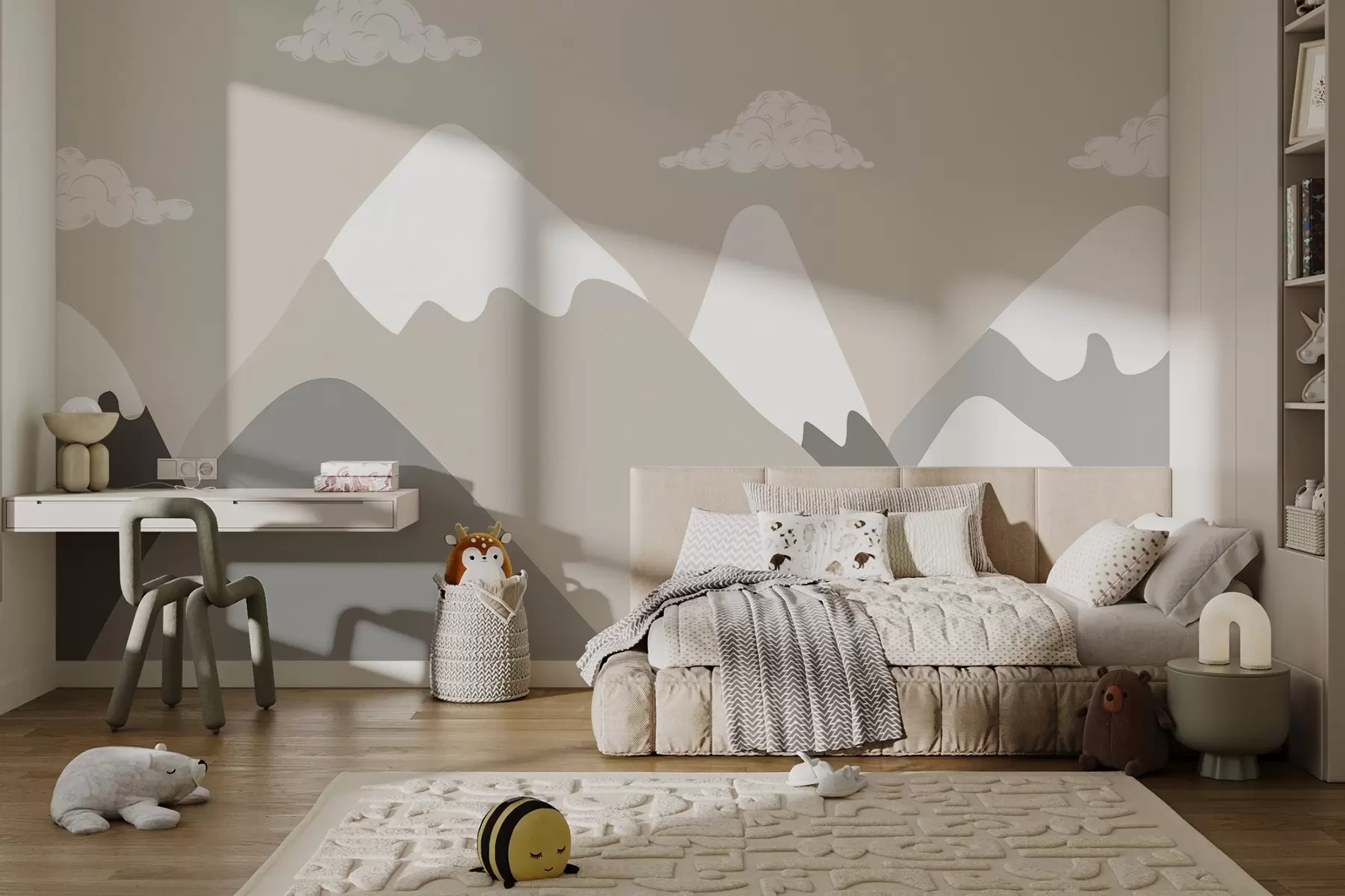 Fototapet Minimalistiskt bergslandskap med snöklädda toppar i lugna grå-beige toner, kompletterat med mjuka vita moln w03040v1