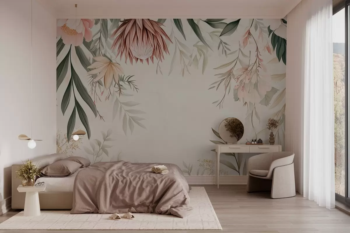 Fototapet Proteablomma bland olika blad och växter i varma beige och gröna toner w03019
