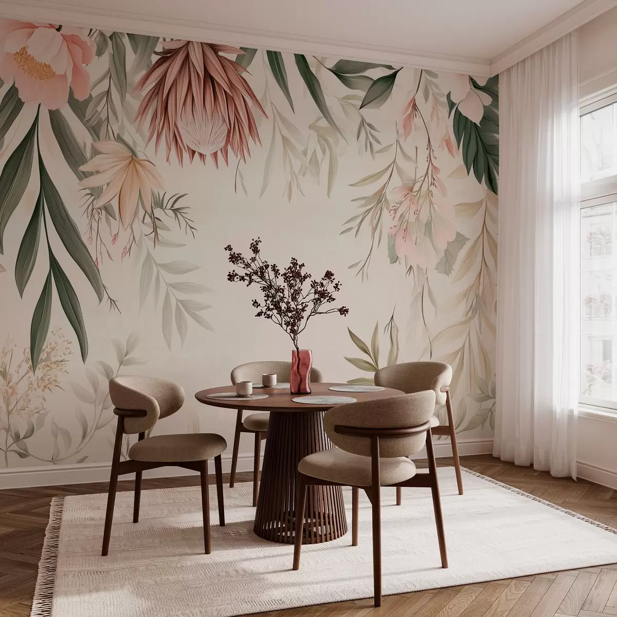 Fototapet Proteablomma bland olika blad och växter i varma beige och gröna toner w03019