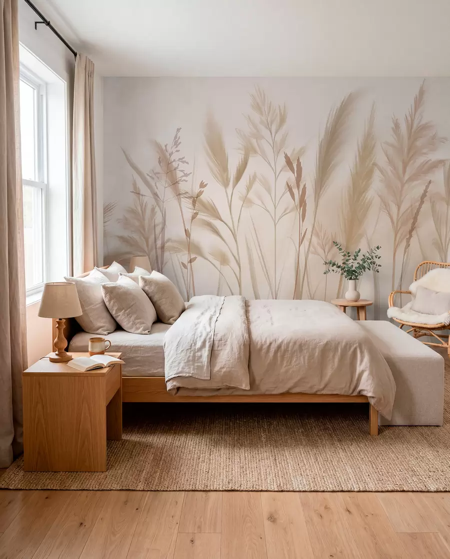 Fototapet Höga, fina gräs, spikelets och växter i mjuka beige- och gräddfärger, mot en lätt suddig bakgrund w08736
