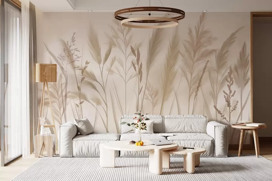 Fototapet Höga, fina gräs, spikelets och växter i mjuka beige- och gräddfärger, mot en lätt suddig bakgrund w08736