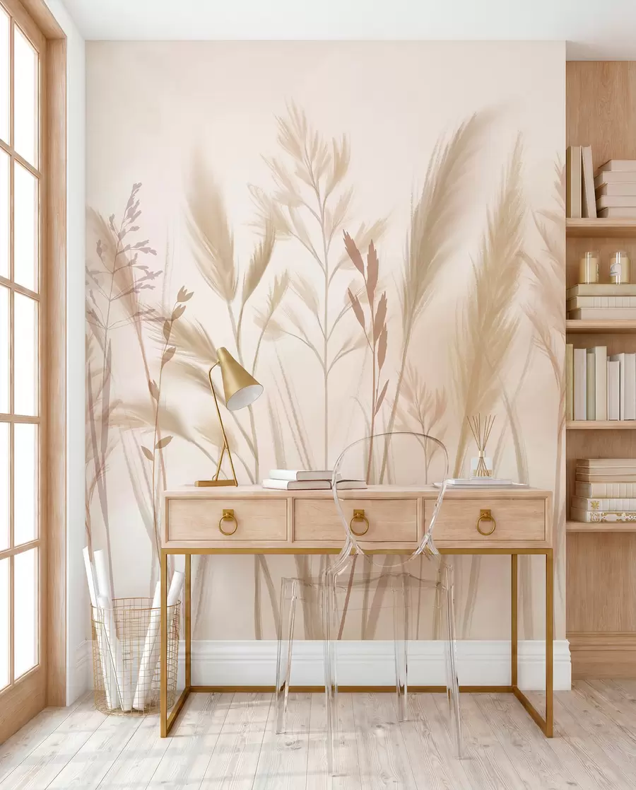 Fototapet Höga, fina gräs, spikelets och växter i mjuka beige- och gräddfärger, mot en lätt suddig bakgrund w08736