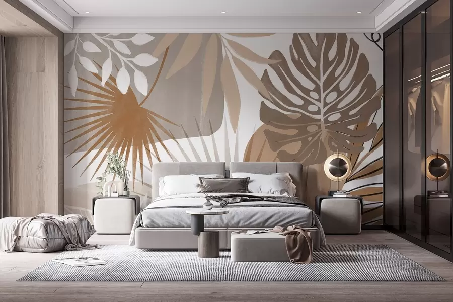 Fototapet Abstrakt design med olika tropiska blad och i jordnära toner av brunt, beige och grädde  w08738