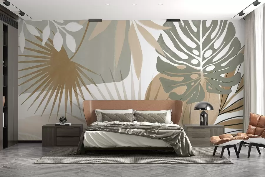 Fototapet Abstrakt design med olika tropiska blad och i jordnära toner av grönt, beige och grädde  w08738v1