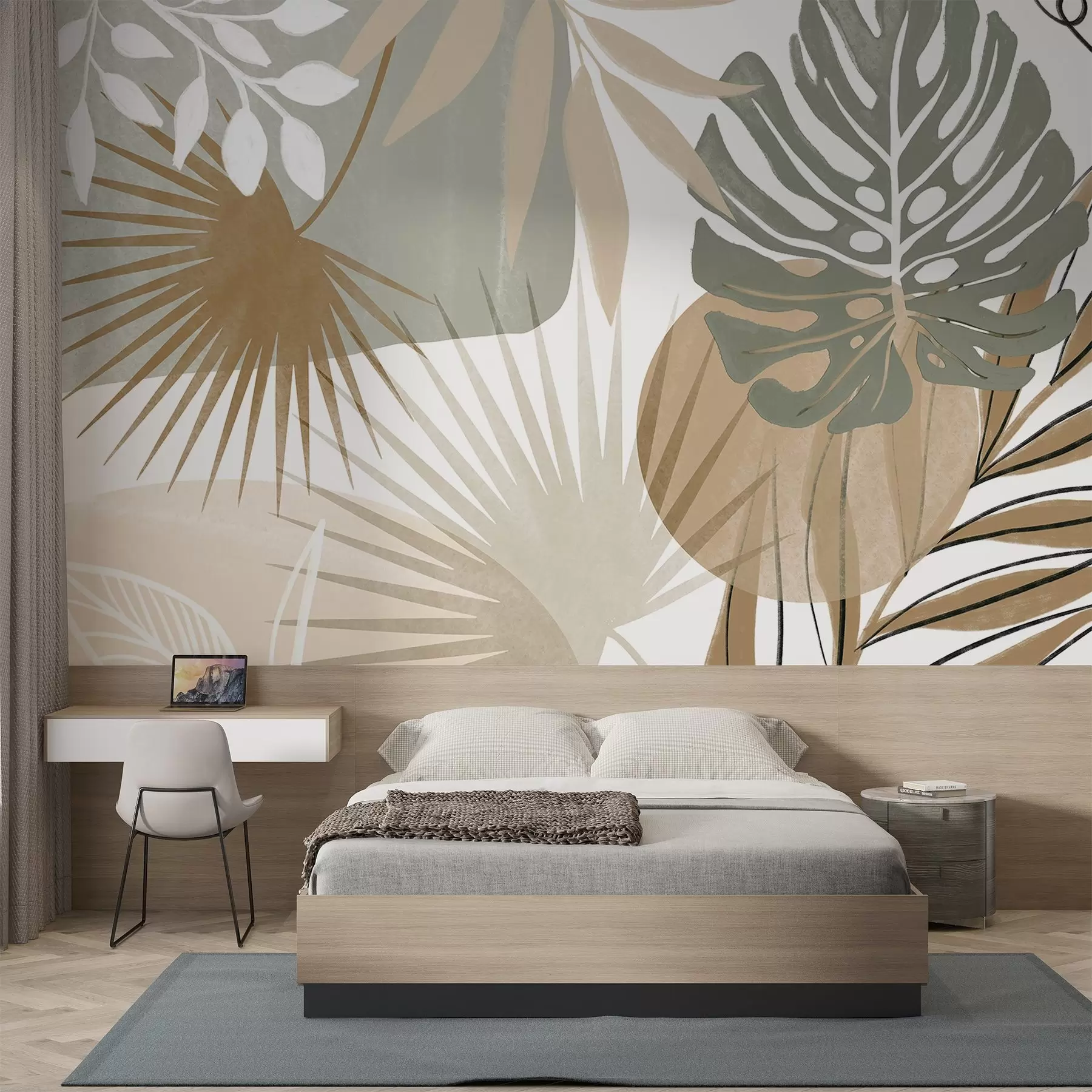 Fototapet Abstrakt design med olika tropiska blad och i jordnära toner av grönt, beige och grädde  w08738v1