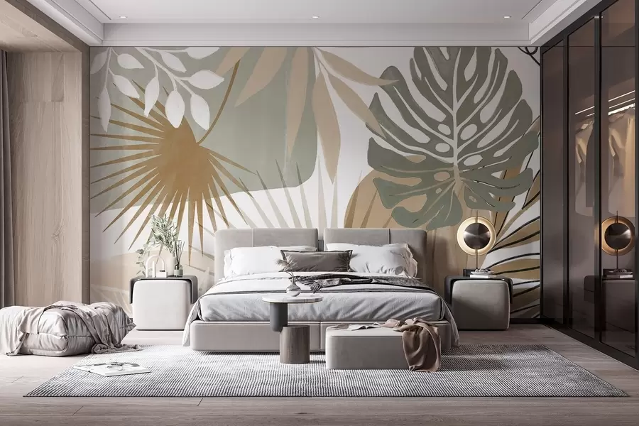 Fototapet Abstrakt design med olika tropiska blad och i jordnära toner av grönt, beige och grädde  w08738v1