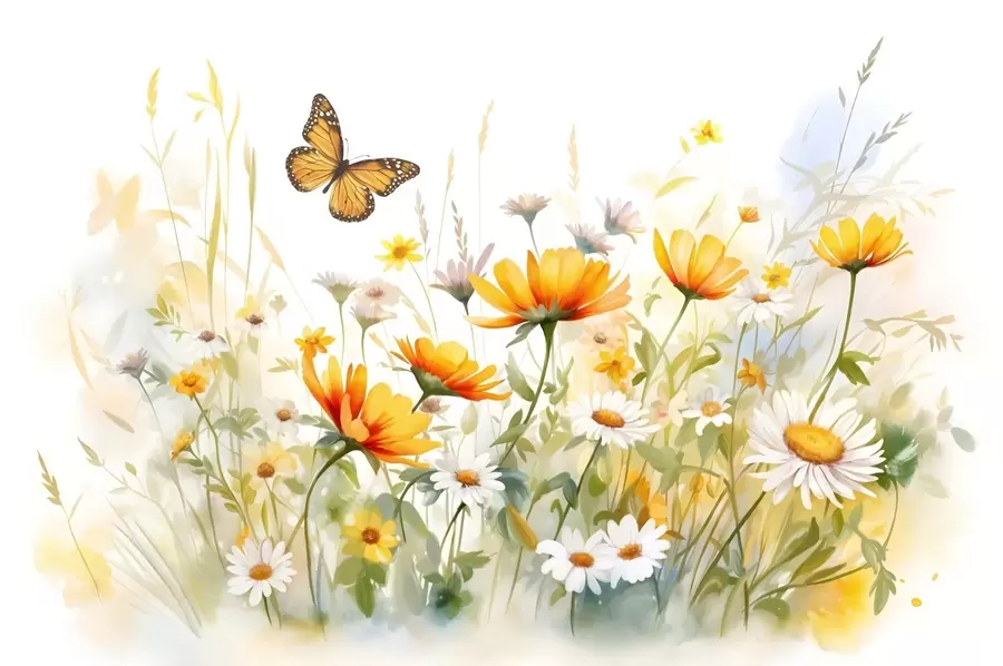 Fototapet Ett livfullt akvarellliknande blomsterfält med orange och gula blommor och en fjäril ovanför blommorna w08739