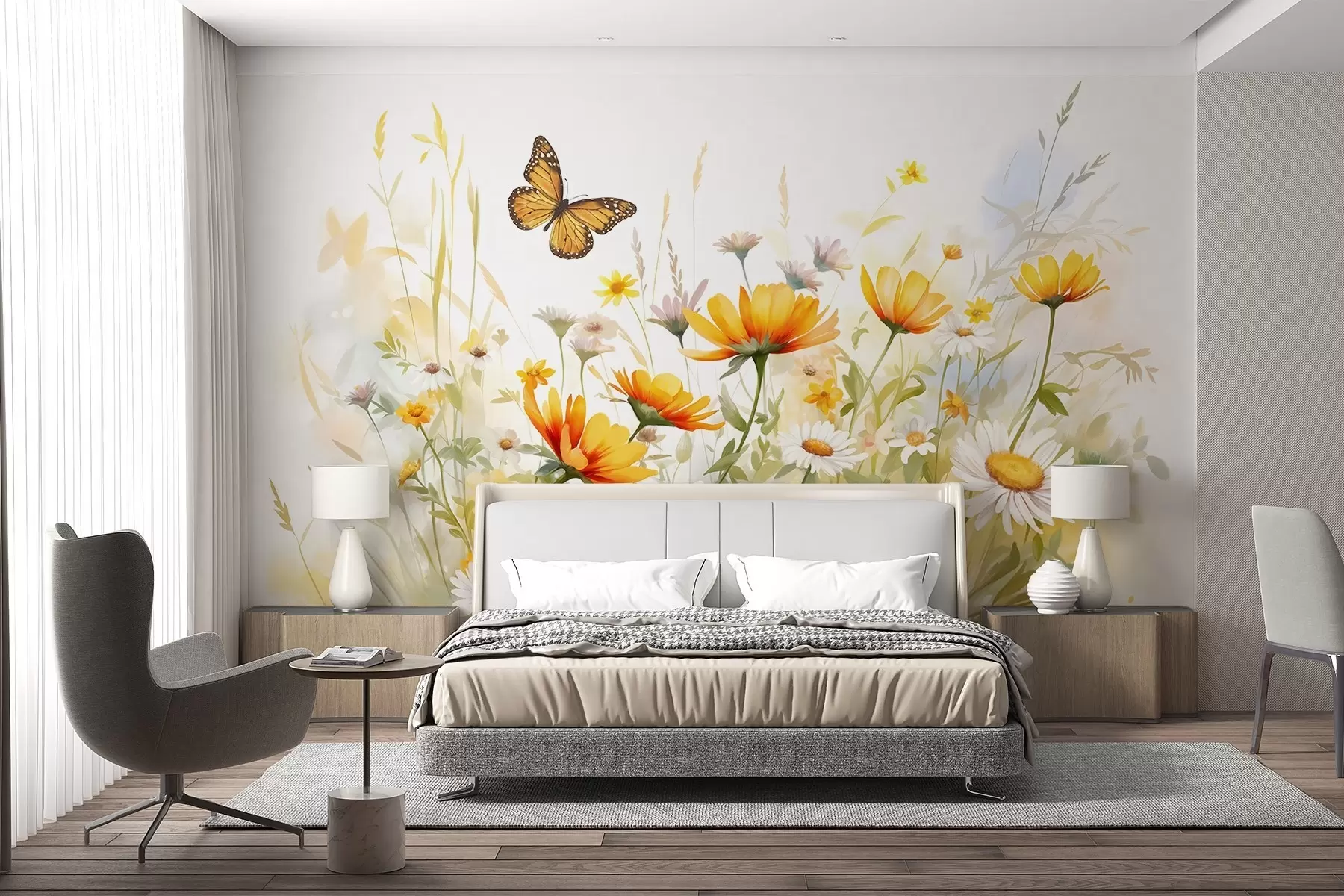 Fototapet Ett livfullt akvarellliknande blomsterfält med orange och gula blommor och en fjäril ovanför blommorna w08739