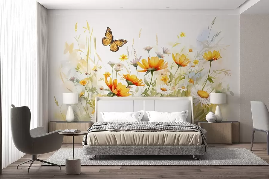 Fototapet Ett livfullt akvarellliknande blomsterfält med orange och gula blommor och en fjäril ovanför blommorna w08739
