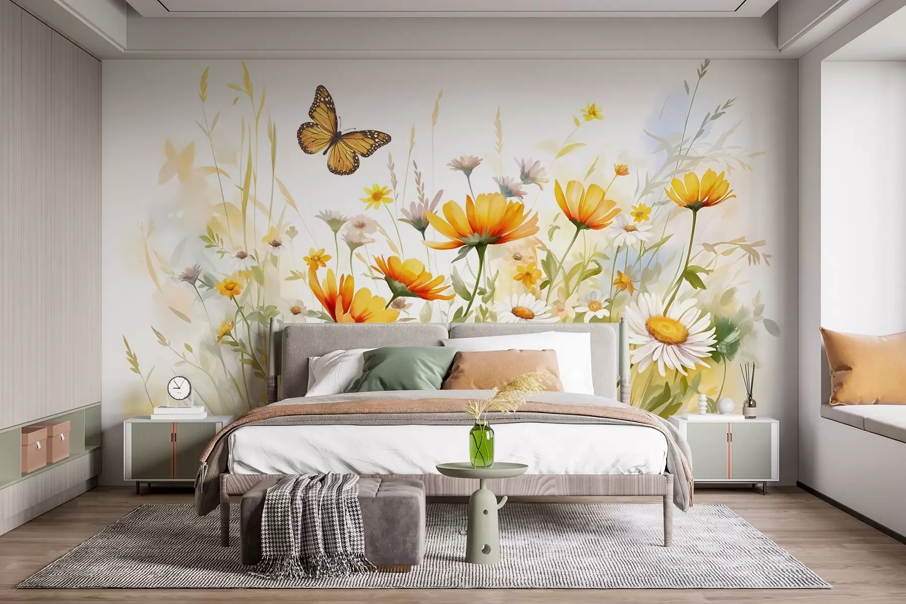 Fototapet Ett livfullt akvarellliknande blomsterfält med orange och gula blommor och en fjäril ovanför blommorna w08739