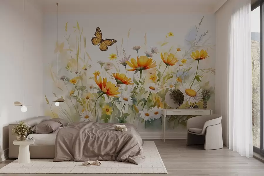 Fototapet Ett livfullt akvarellliknande blomsterfält med orange och gula blommor och en fjäril ovanför blommorna w08739