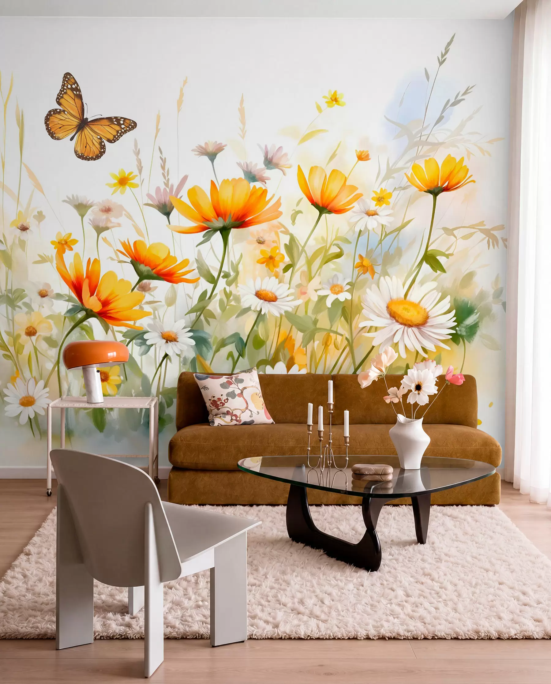 Fototapet Ett livfullt akvarellliknande blomsterfält med orange och gula blommor och en fjäril ovanför blommorna w08739