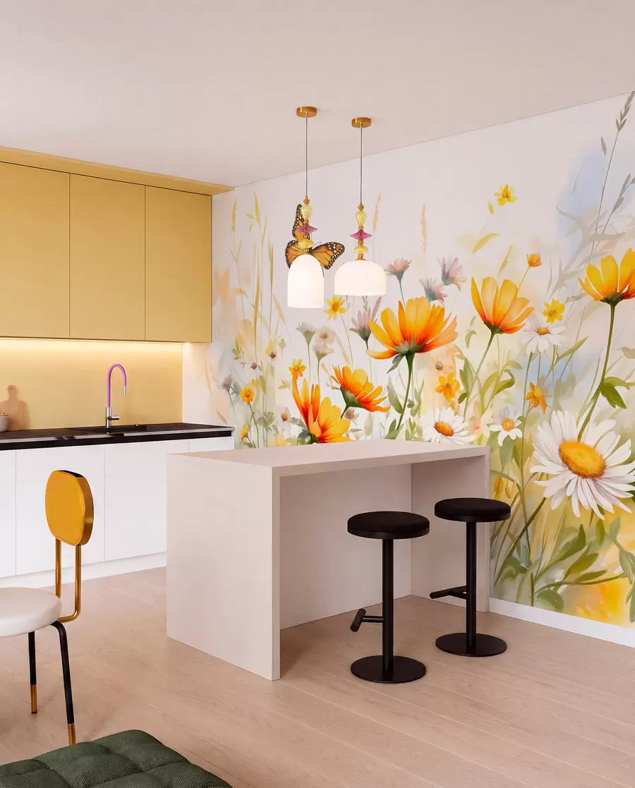 Fototapet Ett livfullt akvarellliknande blomsterfält med orange och gula blommor och en fjäril ovanför blommorna w08739