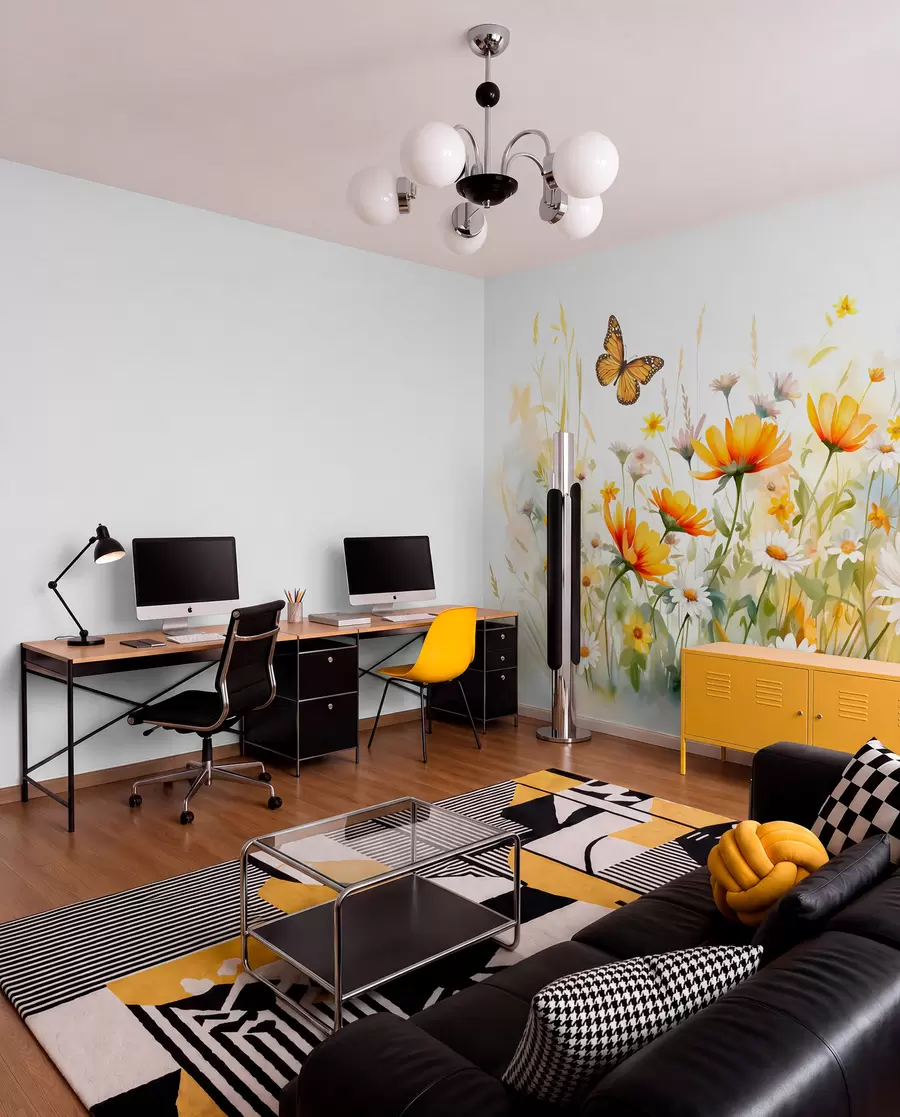 Fototapet Ett livfullt akvarellliknande blomsterfält med orange och gula blommor och en fjäril ovanför blommorna w08739