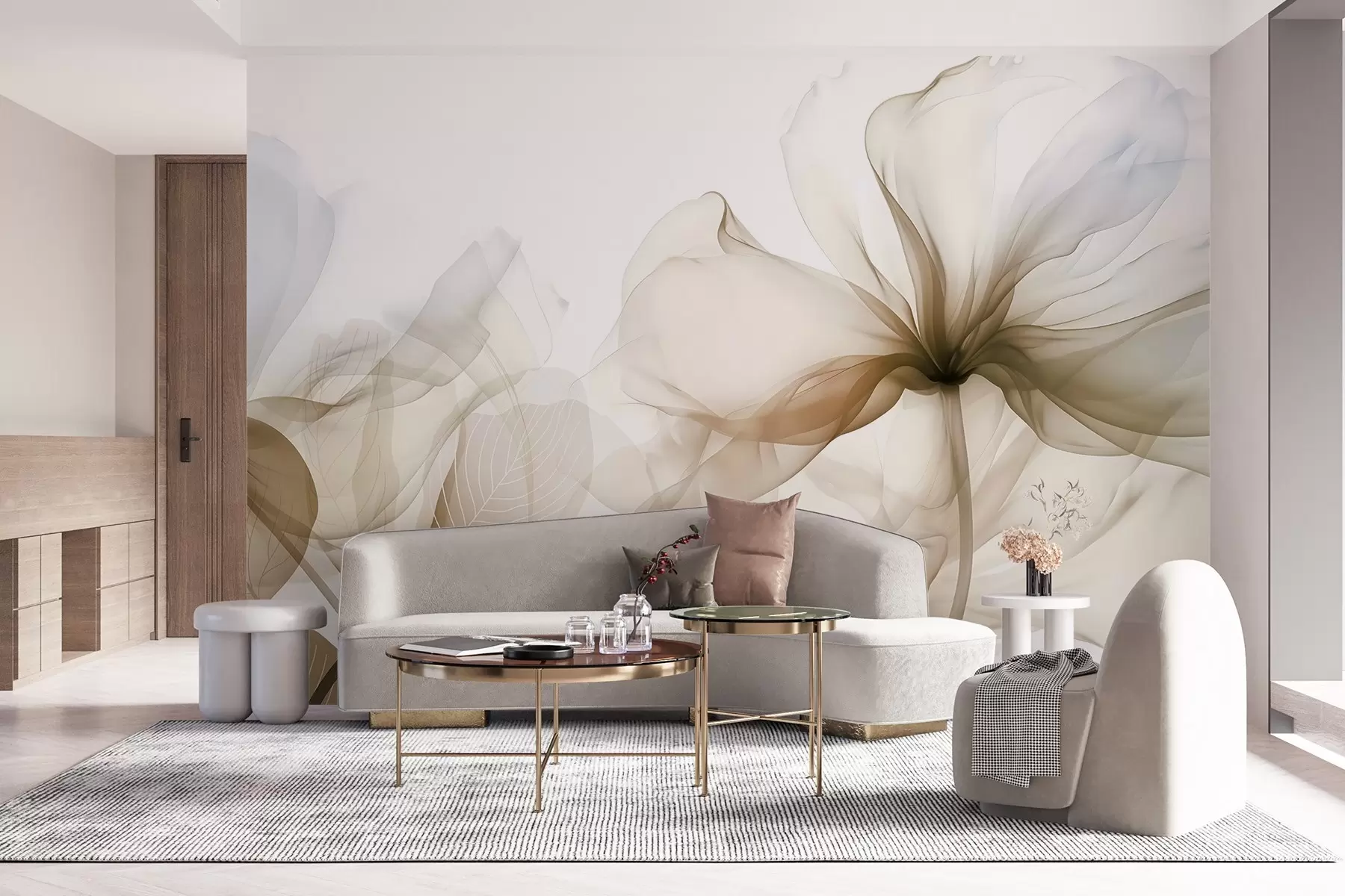 Fototapet Bruna abstrakta blommor med mjuka, genomskinliga kronblad och fina detaljer, mot en vit bakgrund w08742v1