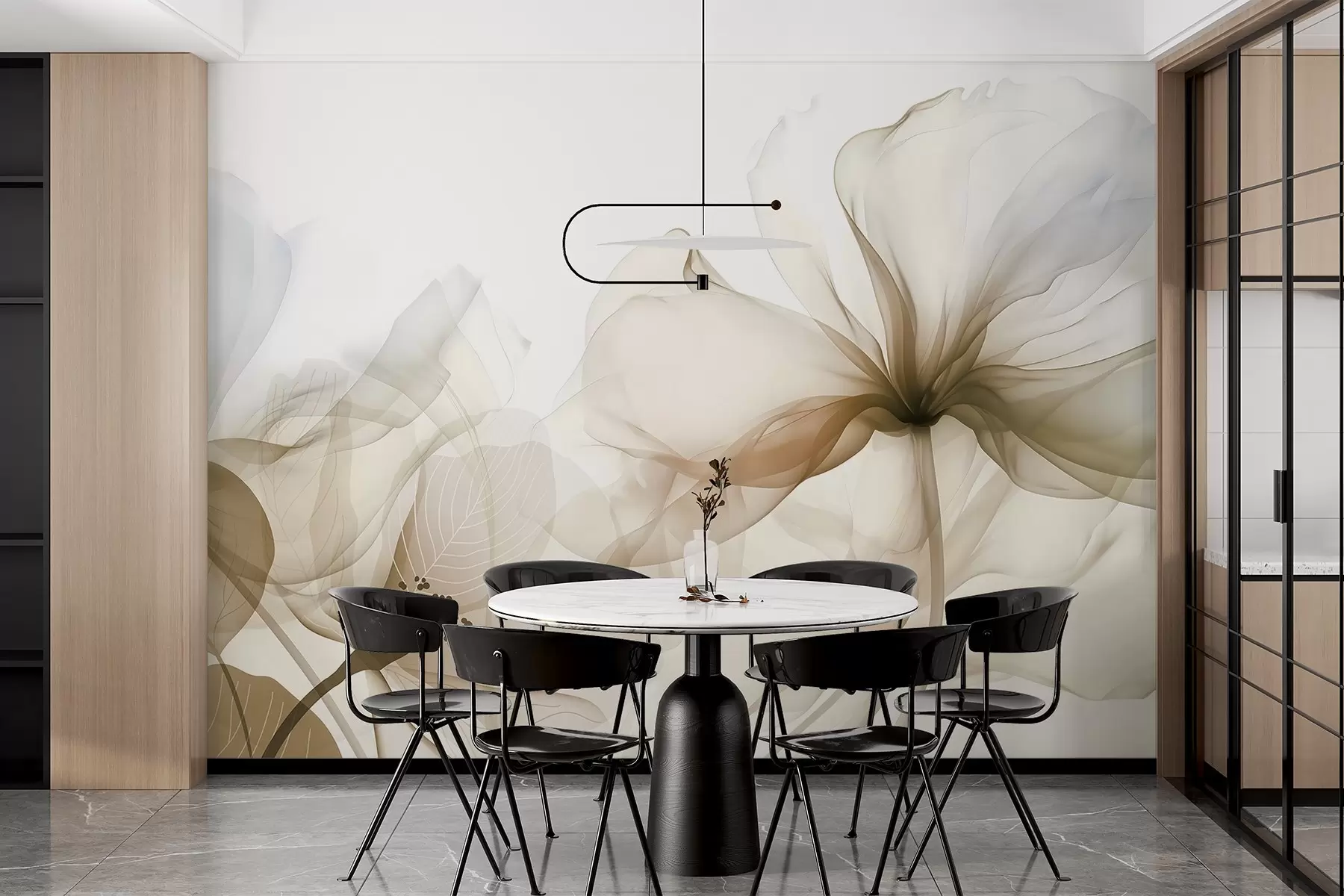 Fototapet Bruna abstrakta blommor med mjuka, genomskinliga kronblad och fina detaljer, mot en vit bakgrund w08742v1