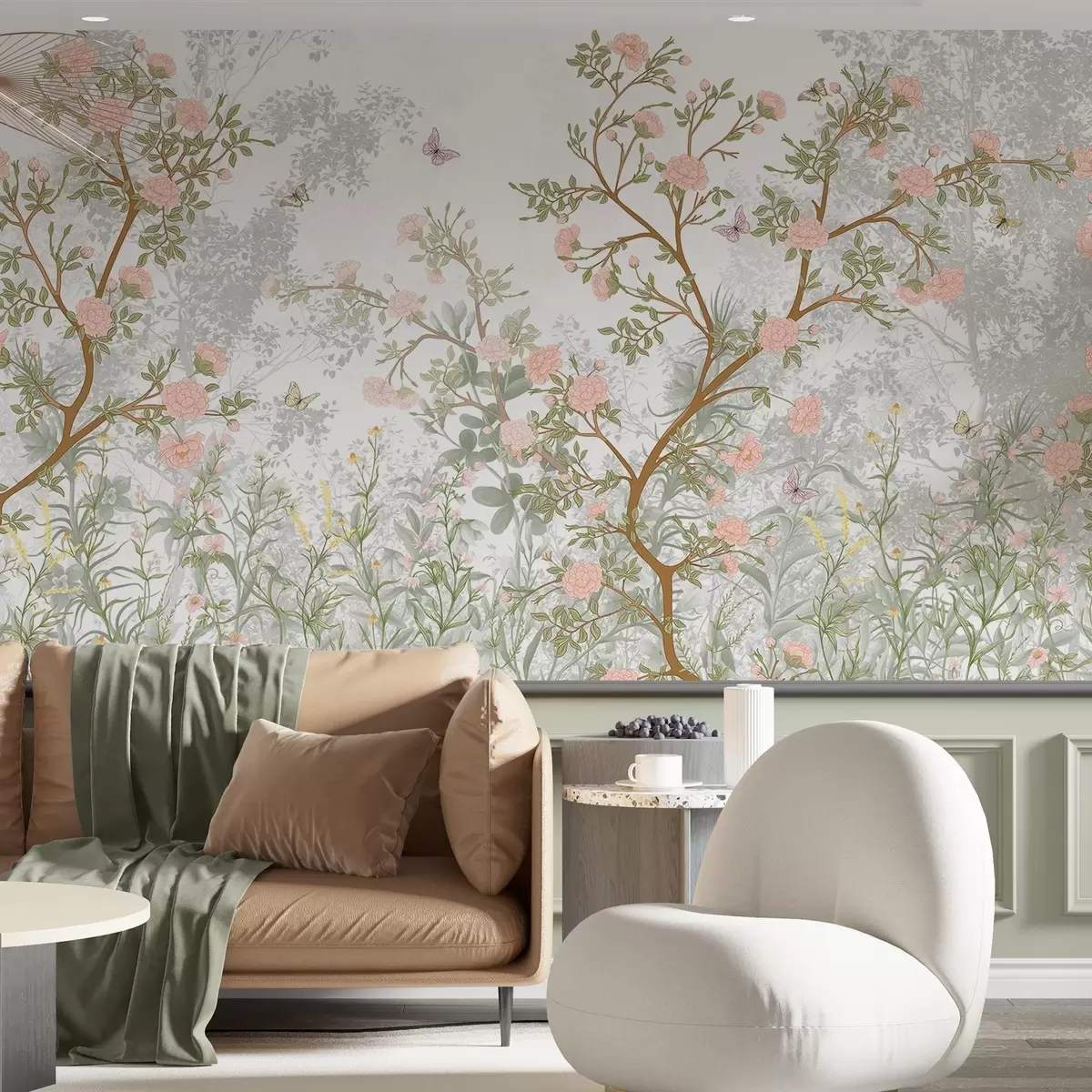 Fototapet Delikat rosa blommande träd, flygande fjärilar och gröna blad sammanflätade med smala grenar  w08744