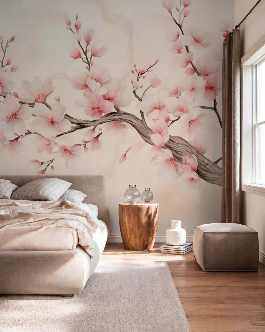 Fototapet En skir körsbärsblomsgren med mjuka rosa blommor på en ljus bakgrund w03079