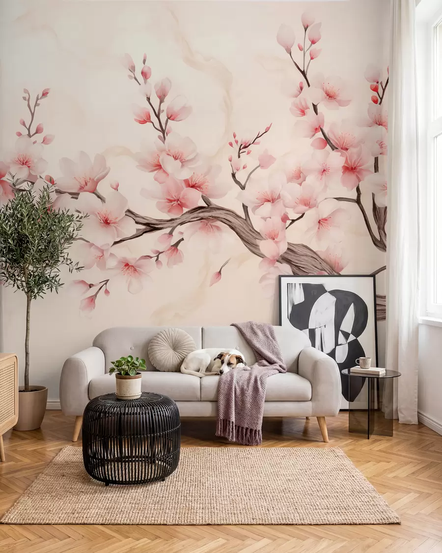 Fototapet En skir körsbärsblomsgren med mjuka rosa blommor på en ljus bakgrund w03079