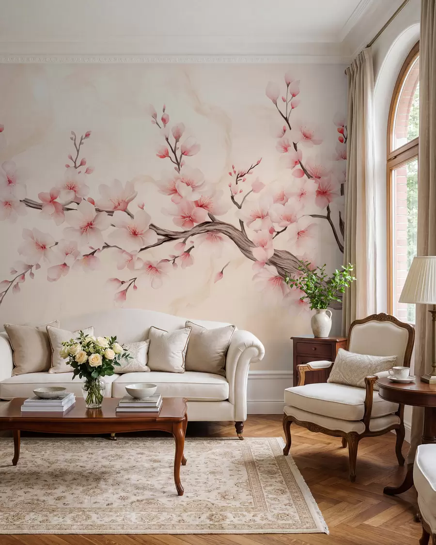 Fototapet En skir körsbärsblomsgren med mjuka rosa blommor på en ljus bakgrund w03079