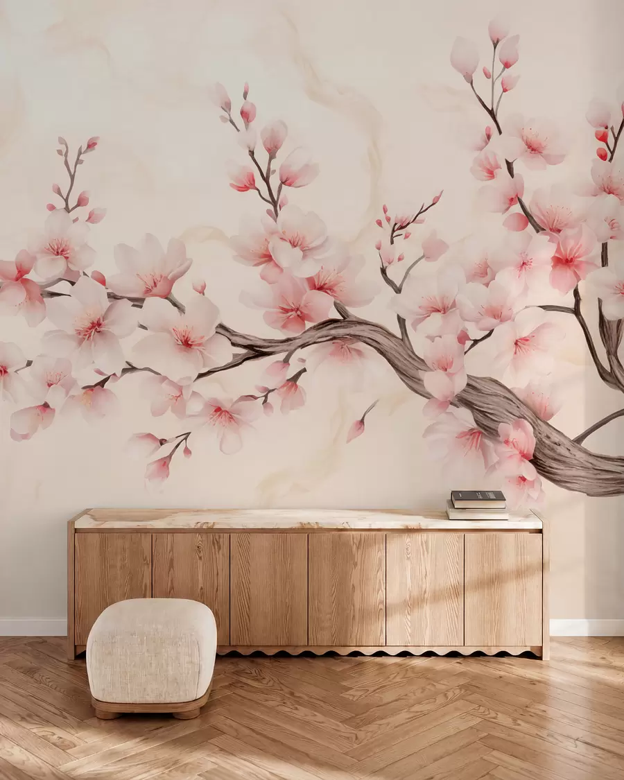 Fototapet En skir körsbärsblomsgren med mjuka rosa blommor på en ljus bakgrund w03079