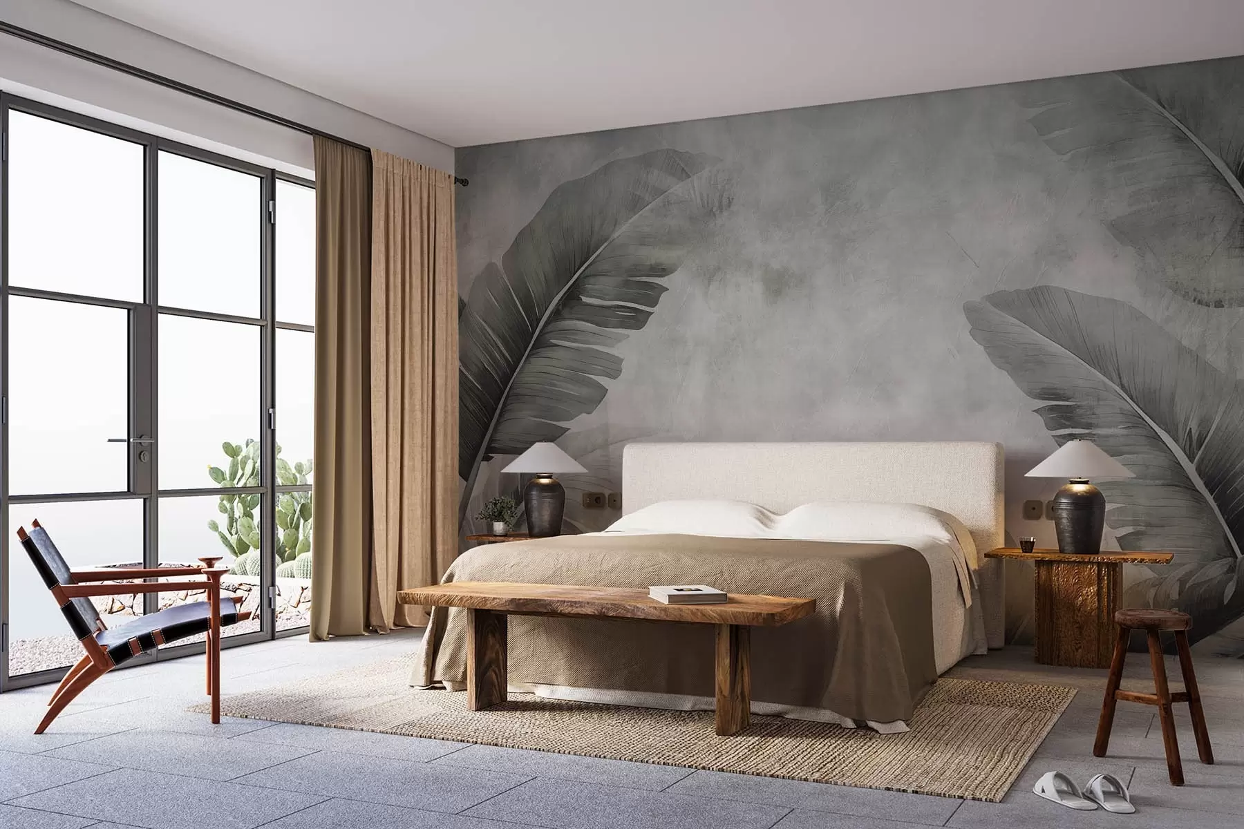 Fototapet Stora bananblad på en åldrad vägg w08758