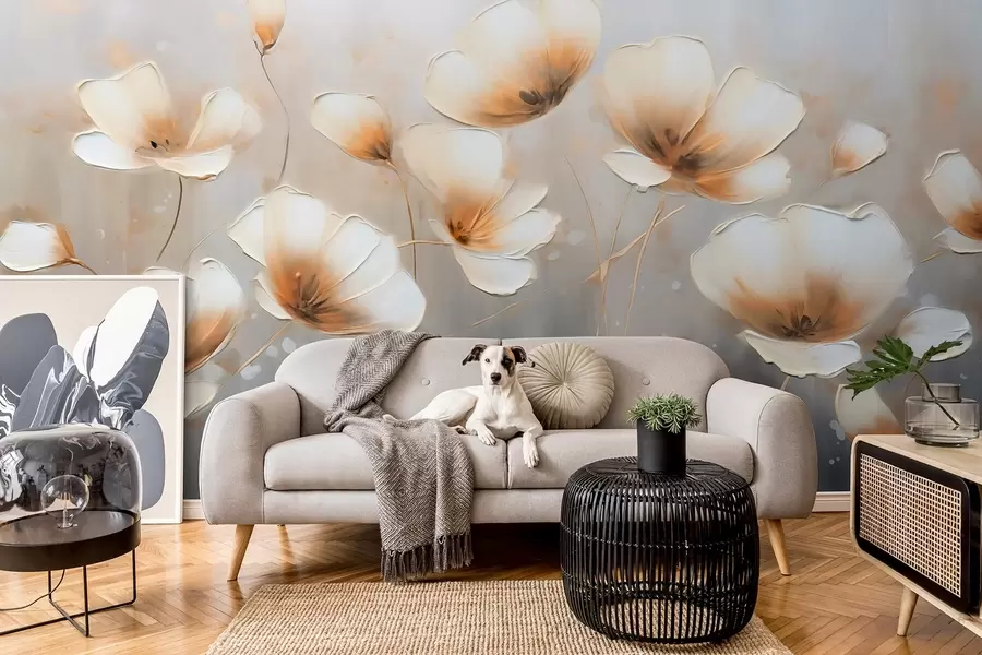 Fototapet Eleganta blommor med skira, mjuka kronblad i beige-blå nyanser w08746v1