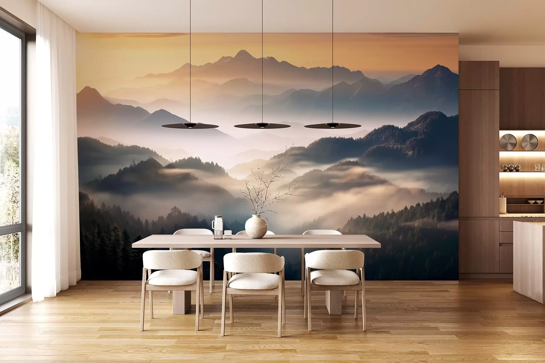Fototapet Fridfullt bergslandskap i gryningen, med mjuk dimma som omsluter tallarna w08748