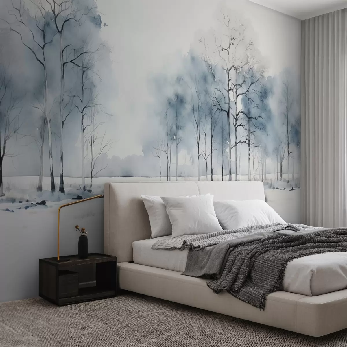 Fototapet Blå träd i akvarellstil på en vit bakgrund w08753