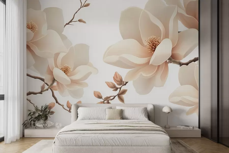 Fototapet Gräddefärgade magnoliagrenar på en vit bakgrund w08755