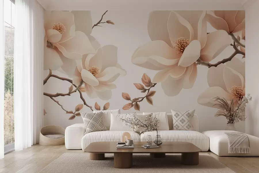 Fototapet Gräddefärgade magnoliagrenar på en vit bakgrund w08755