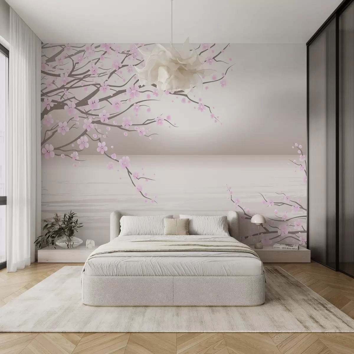 Fototapet Rosa blommande träd på bakgrunden av soluppgången w03100