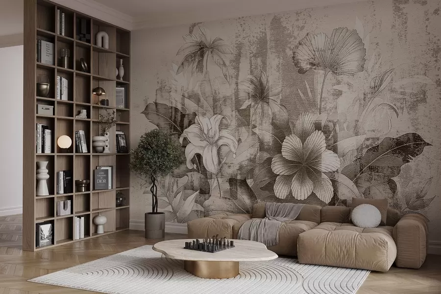 Fototapet Vintagedesign med exotiska blommor och växter w08767v2
