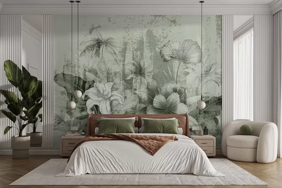 Fototapet Vintagedesign med exotiska blommor och växter w08767v3