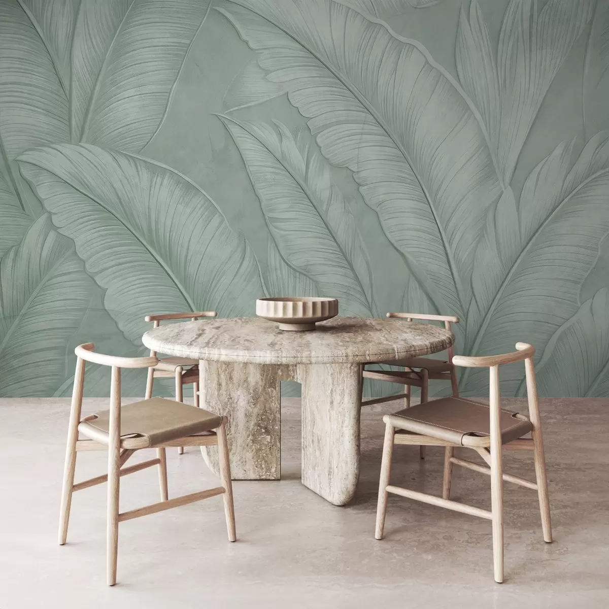 Fototapet Mycket texturerade detaljerade stora tropiska blad i en monokromatisk grön färg i loftstil  w08772v1