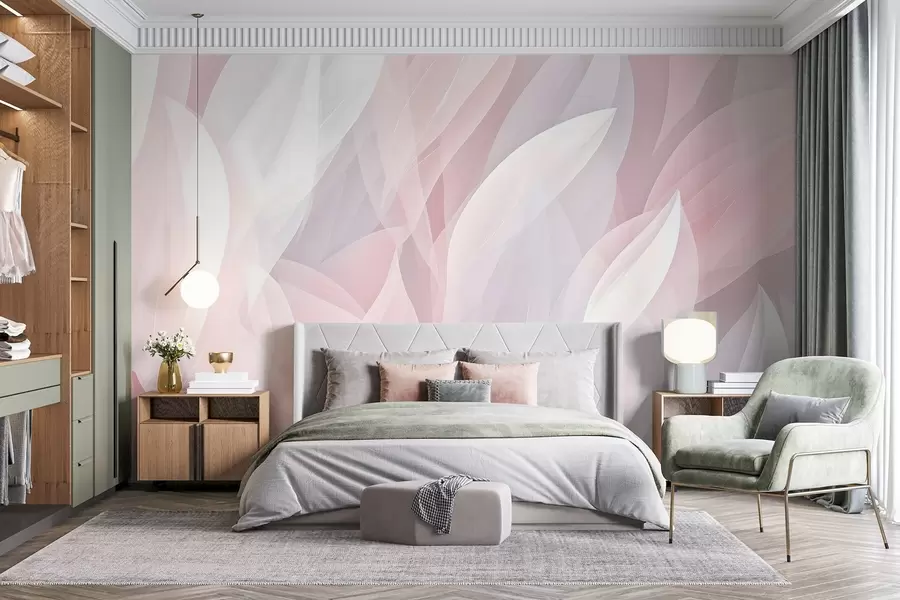 Fototapet Abstrakt design med mjuka kronbladsliknande former i rosa och vita nyanser som skapar en skiktad effekt w08774