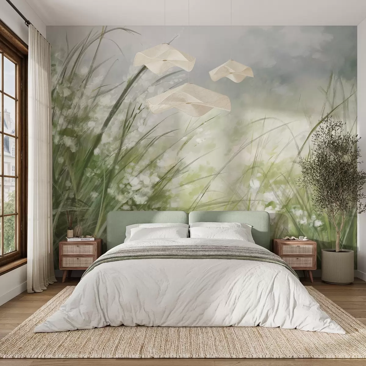 Fototapet Frodigt grönt gräs med skira vita blommor, mjukt suddigt tryck med ljusa nyanser som skapar ett lugnt landskap w08779