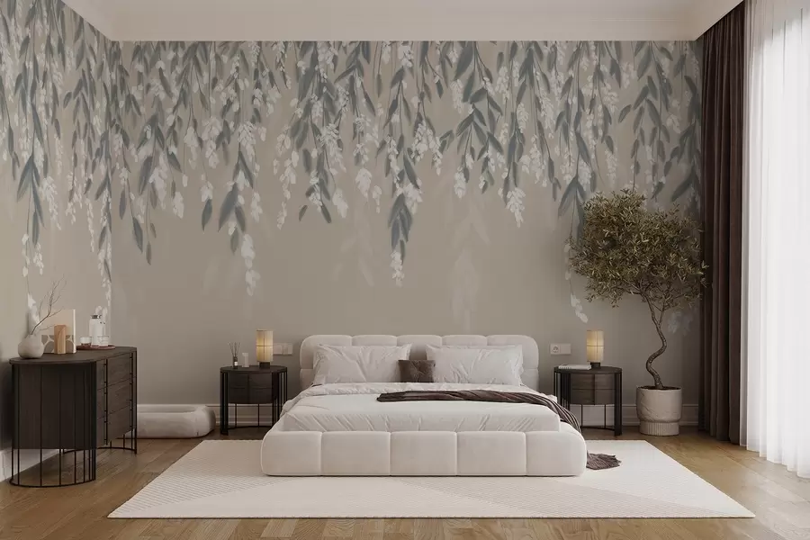 Fototapet Kaskadformade lövverksgrenar i dämpade gröna nyanser med vita blommor och blad på beige bakgrund w08781