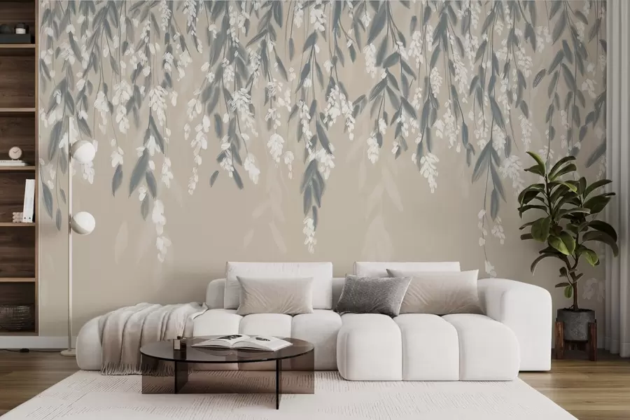 Fototapet Kaskadformade lövverksgrenar i dämpade gröna nyanser med vita blommor och blad på beige bakgrund w08781