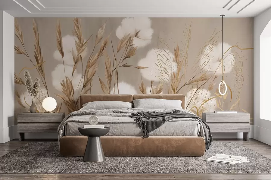 Fototapet Mjuka, fluffiga vita bomullsblommor och högt orange spikeletsgräs mot en dämpad texturerad beige bakgrund w08784