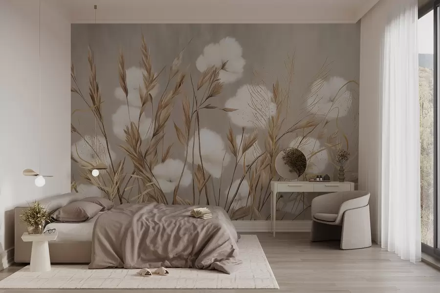 Fototapet Mjuka, fluffiga vita bomullsblommor och högt orange spikeletsgräs mot en dämpad texturerad beige bakgrund w08784