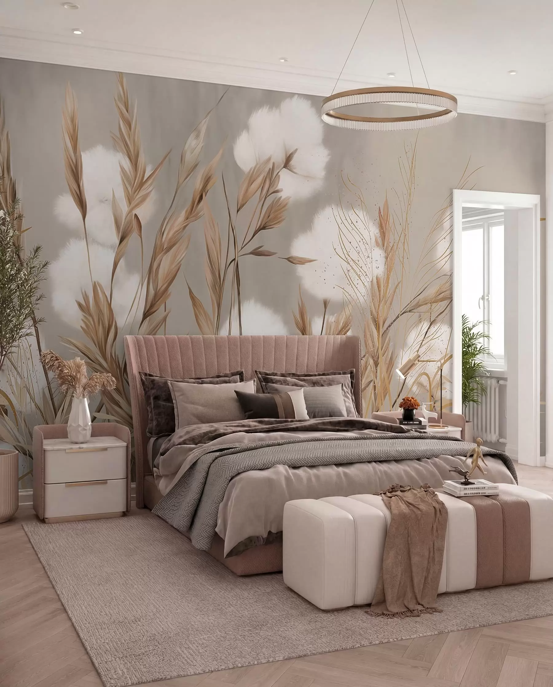 Fototapet Mjuka, fluffiga vita bomullsblommor och högt orange spikeletsgräs mot en dämpad texturerad beige bakgrund w08784