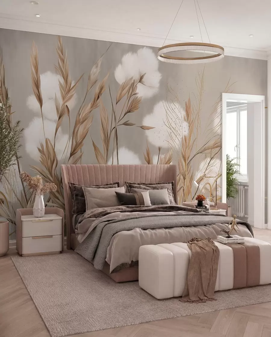 Fototapet Mjuka, fluffiga vita bomullsblommor och högt orange spikeletsgräs mot en dämpad texturerad beige bakgrund w08784