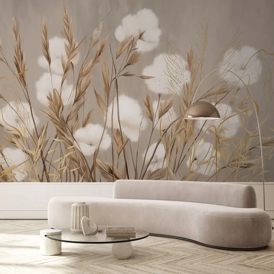Fototapet Mjuka, fluffiga vita bomullsblommor och högt orange spikeletsgräs mot en dämpad texturerad beige bakgrund w08784